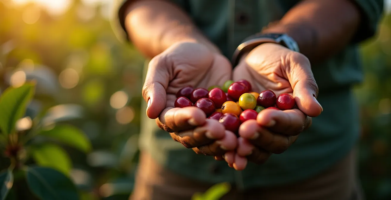 Mains d'un producteur tenant délicatement des cerises de café à différents stades de maturation