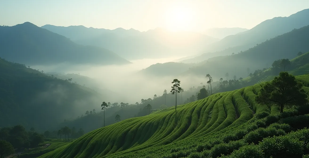 Vue panoramique d'une plantation de café en altitude baignée dans la brume matinale