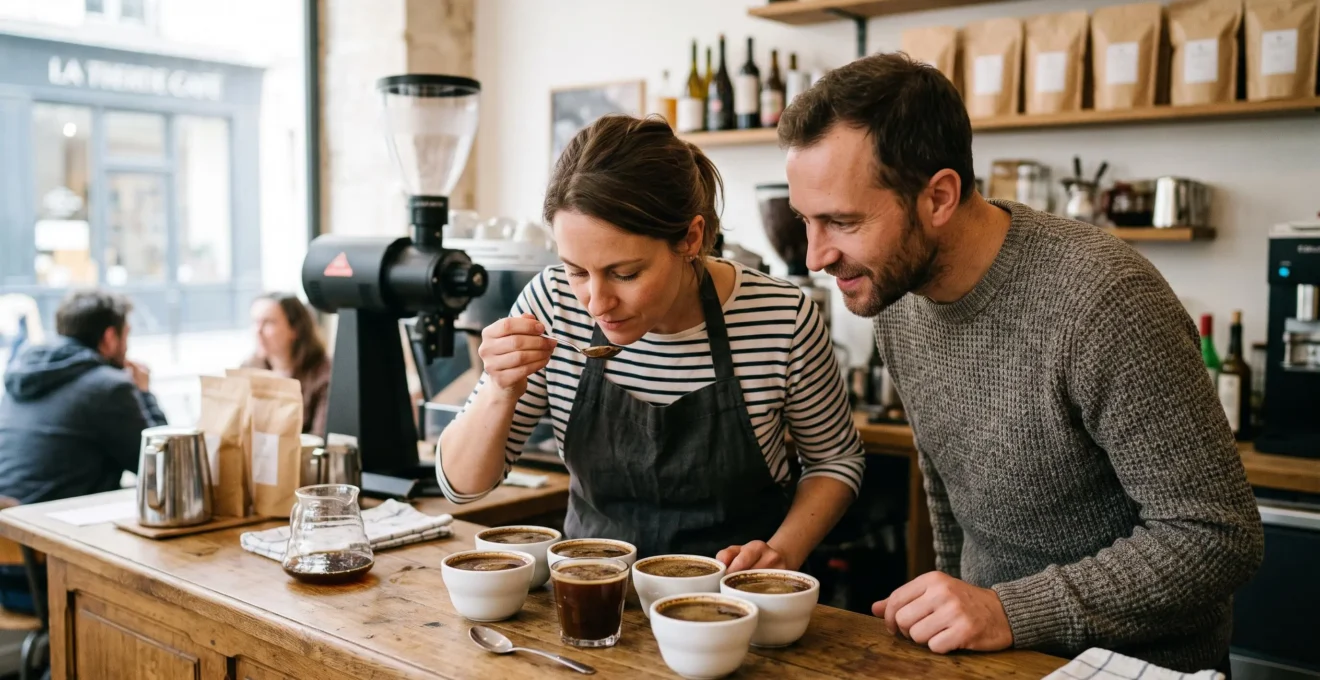 Un barista fait sentir le café en tasse à un client lors d'une dégustation au comptoir d'un café indépendant.