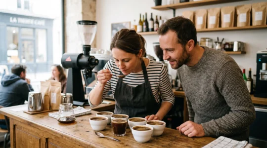 Un barista fait sentir le café en tasse à un client lors d'une dégustation au comptoir d'un café indépendant.