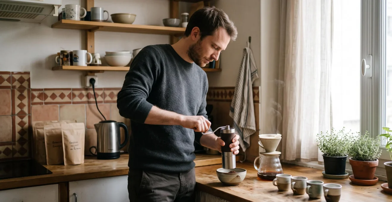 Une personne moud du café en grain avec un moulin manuel sur le plan de travail de sa cuisine, plusieurs tasses alignées.