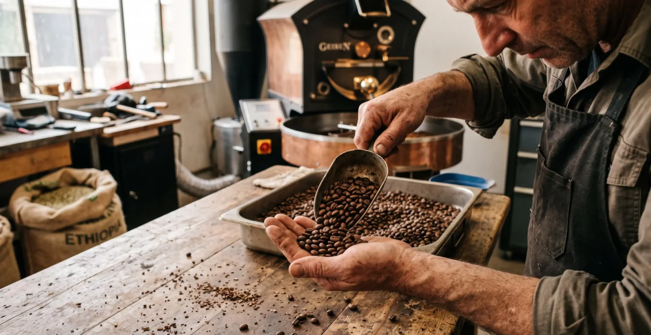 Les mains d'un torréfacteur examinent des grains de café fraîchement torréfiés au-dessus d'une table d'atelier.